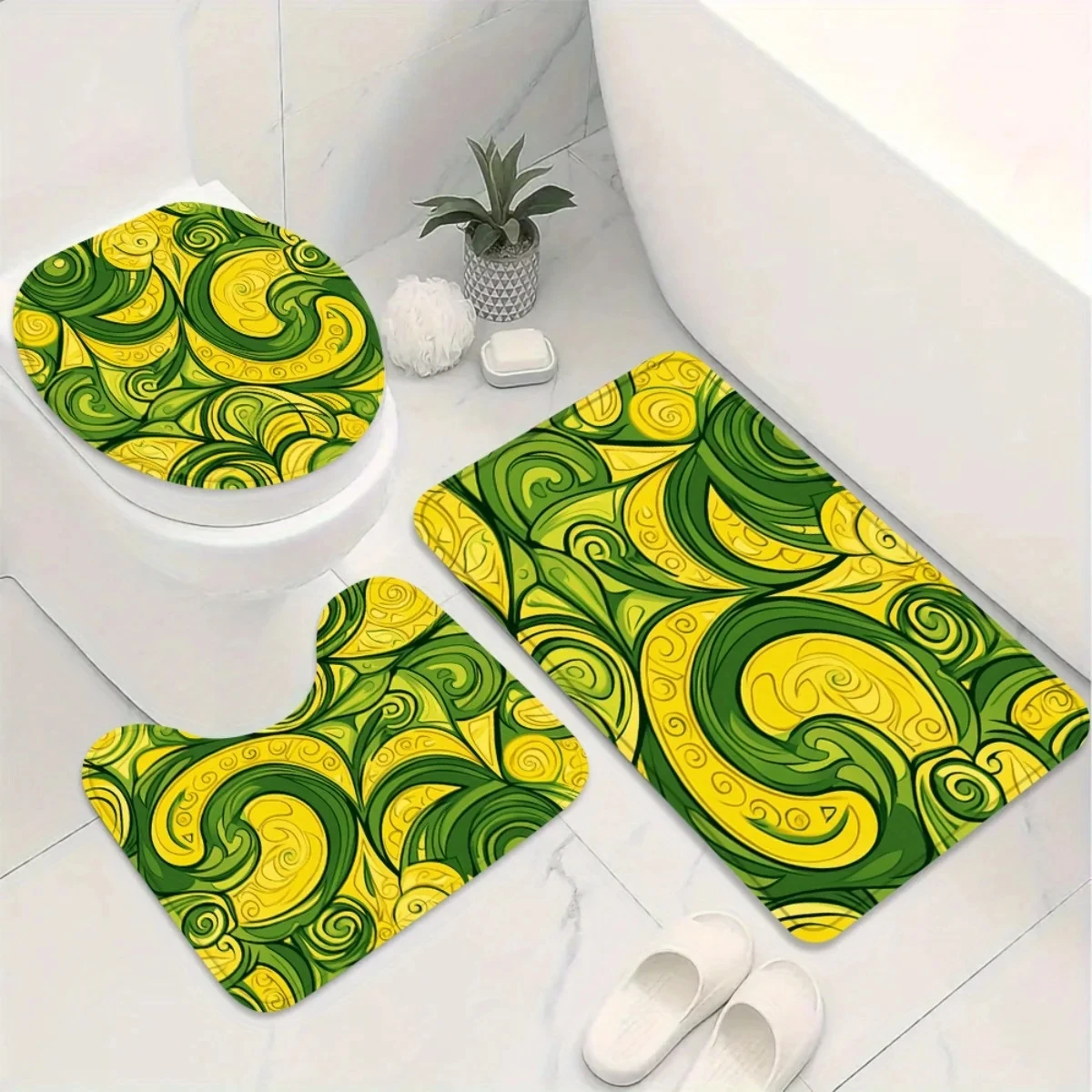 4pcs  Vibrant Swirl Pattern Shower Curtain & Non-Slip Bath Mat Set - Green & Yellow Abstract Design, Polyester, Machine Washa