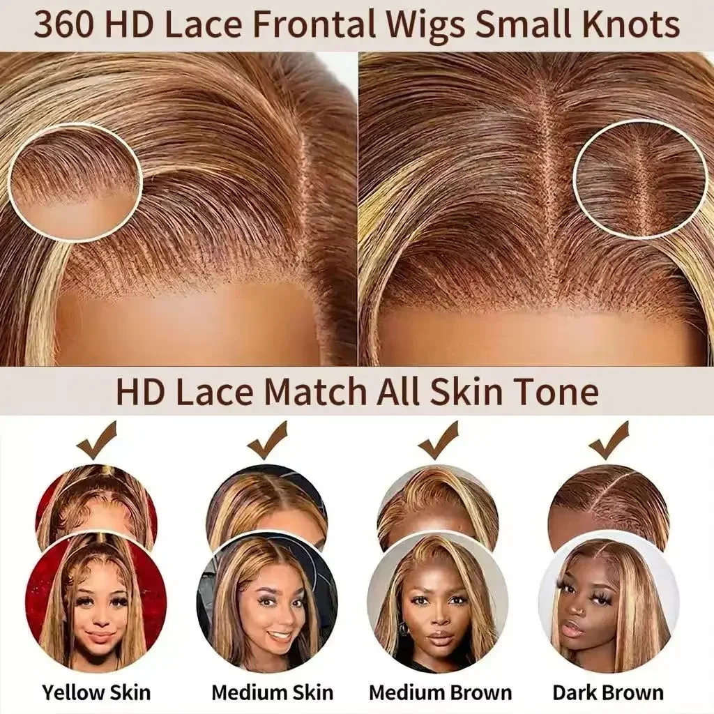 250% Density Full Hd Lace Front Wig 360 4/27 Highlight Ombre Lace Wigs 30 40 Inch Bone Straight Human Hair Pre Plucked HD Lace Frontal Wig 100% Human Hair For Women