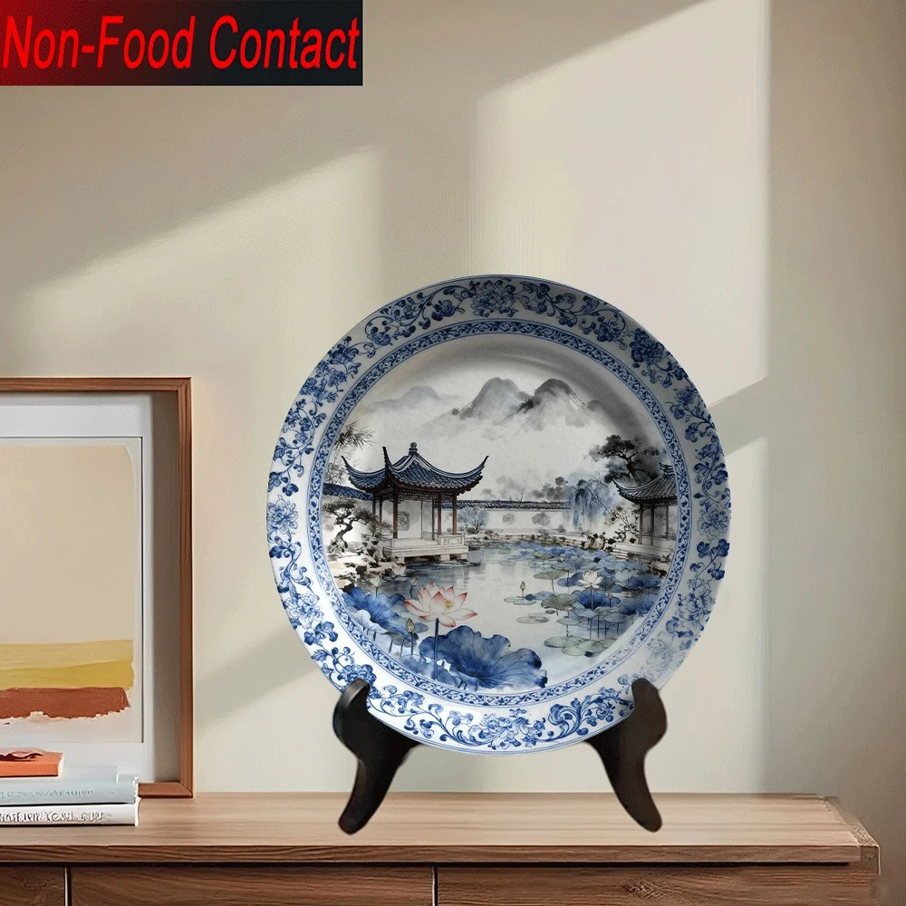 1pc Chinese Blue and White Ceramic Plate - Hand-Painted-Look Traditional Chinese Landscape Art with Pagoda, Pavilion, Willow