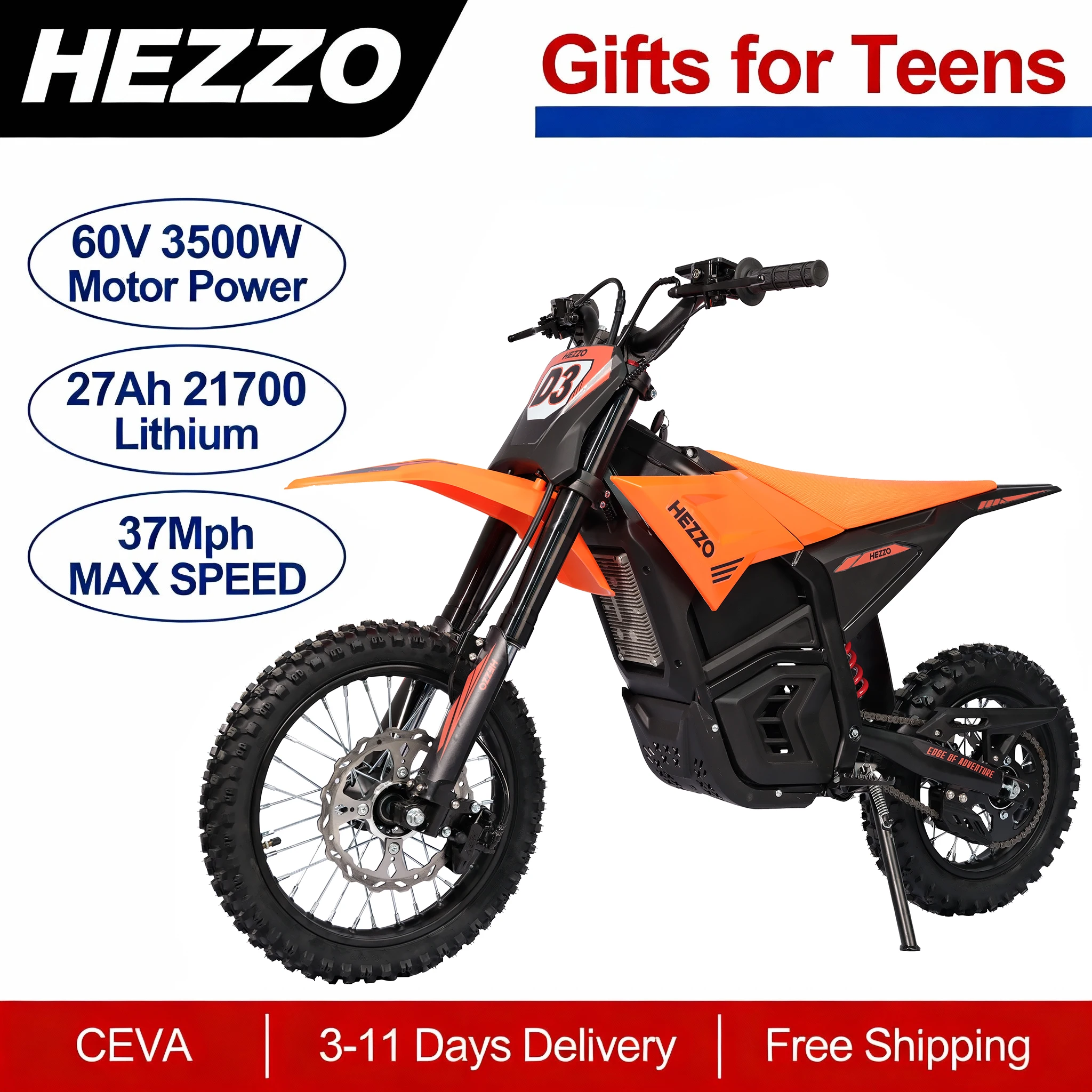 

Электрический мотоцикл HEZZO D3 60V 3500W для подростков - скорость до 50 миль/ч, с гидравлическим тормозом, ярко-оранжевый, высокопроизводительный мотокросс-байк