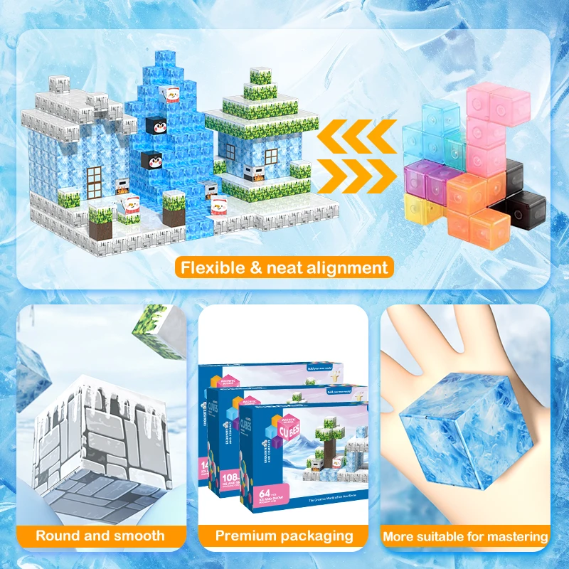 64/108/145 Uds. Juguetes de bloques de construcción de cubo magnético para niños, escenas de hielo y nieve para construir bricolaje, adecuados para niños mayores de 3 años
