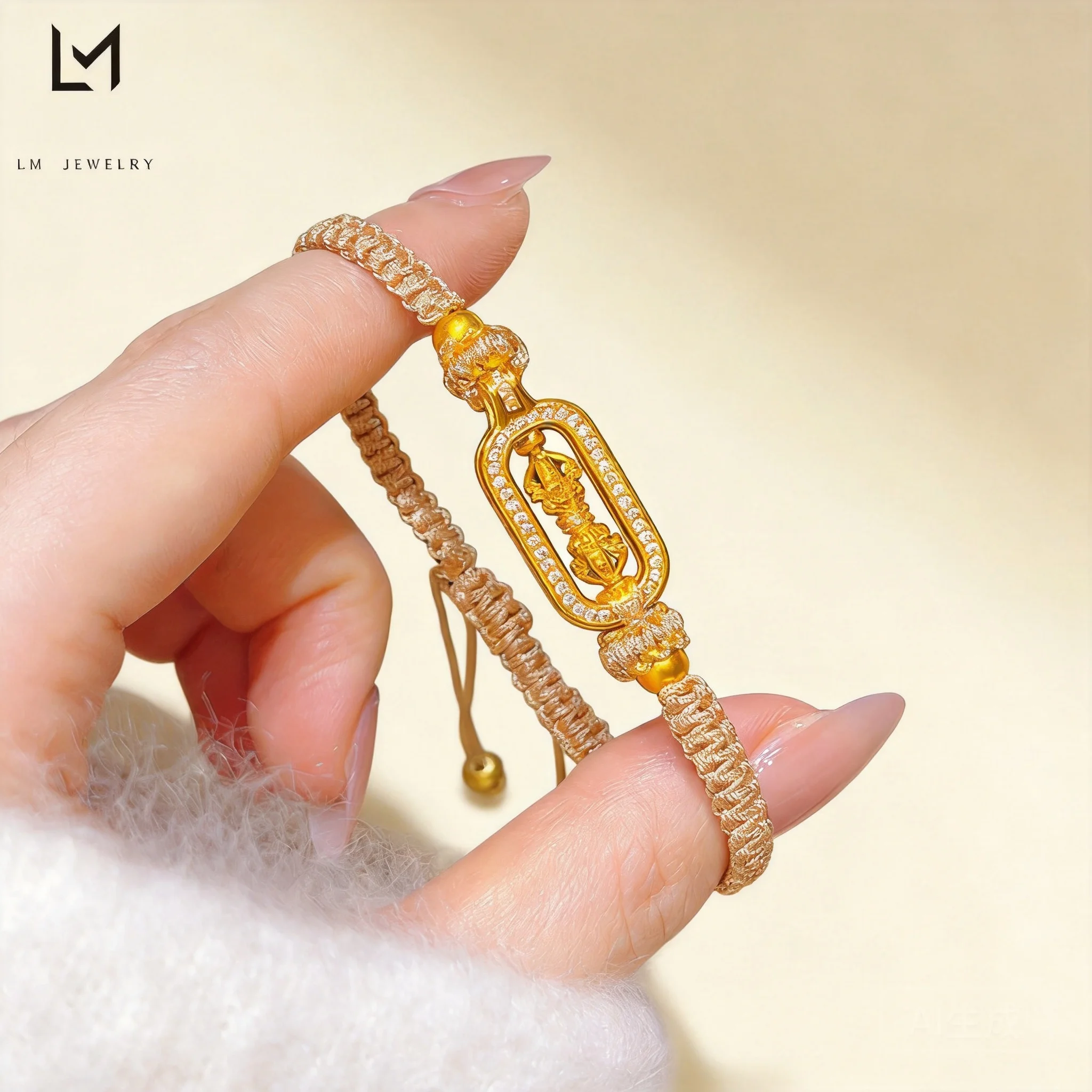24k Real Gold Plated Lucky Vajra Pestle Inlaid Zircon Adjustable Braided Rope Bracelet Chinese Auspicious Blessing Good Luck Jew