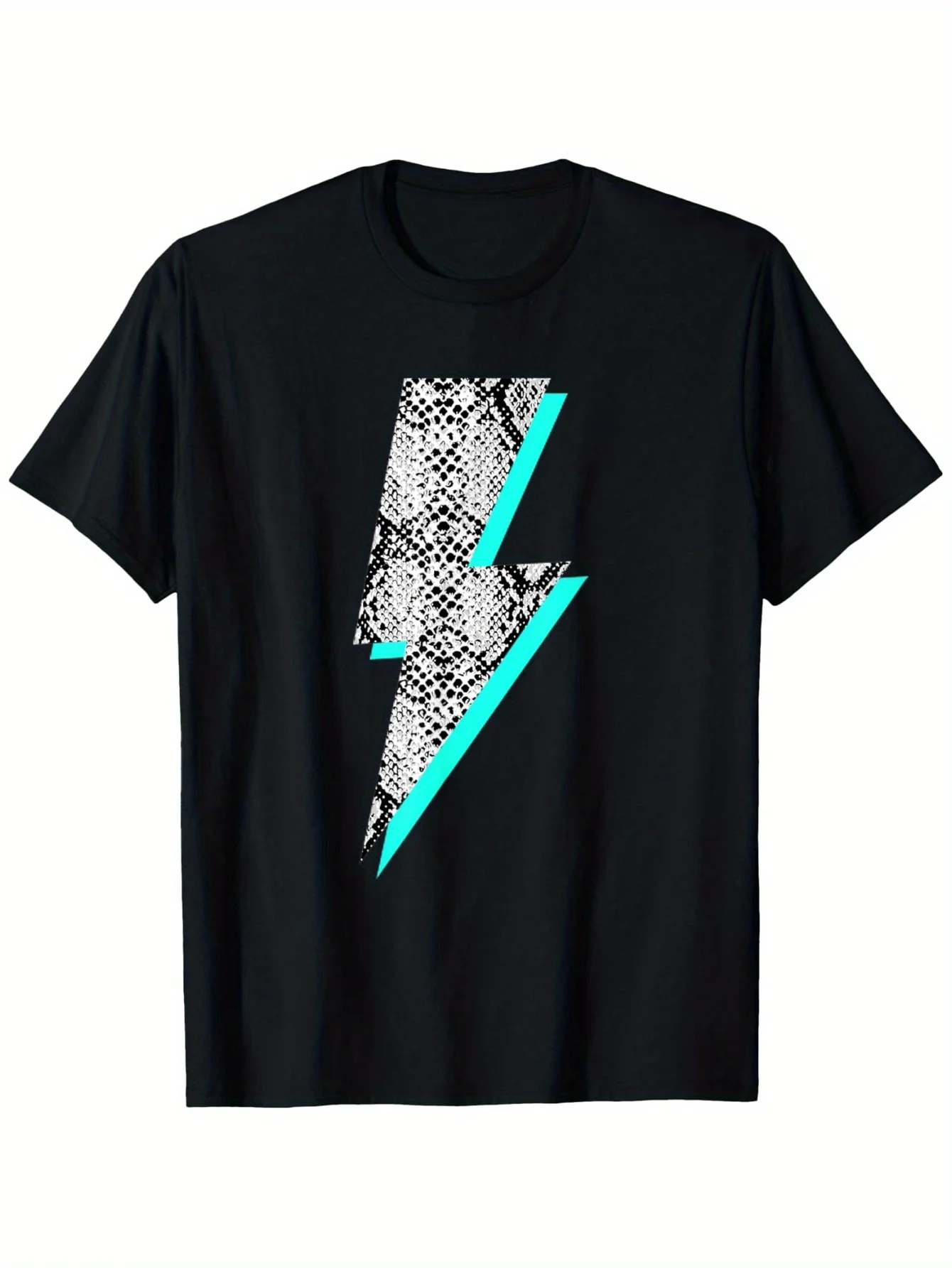 

Men'S Black T-Shirt with Blue Lightning Bolt Graphic Cotton Tee Regular Fit Round Neck Shirt Casual Casual Attire