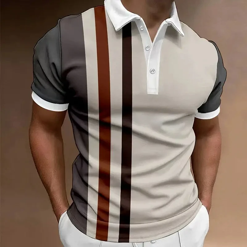 Classic Men's Polo Shirt Summer Stripes Print Short Sleeve Tee Shirts Casual Business Button Tees Tops Fashion Polo Shirts Lapel