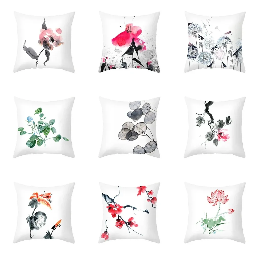 

Home Living Room Sofa Plant Print Decorative Pillow Cover Lotus Peach Blossom Pattern White Cushion Cover