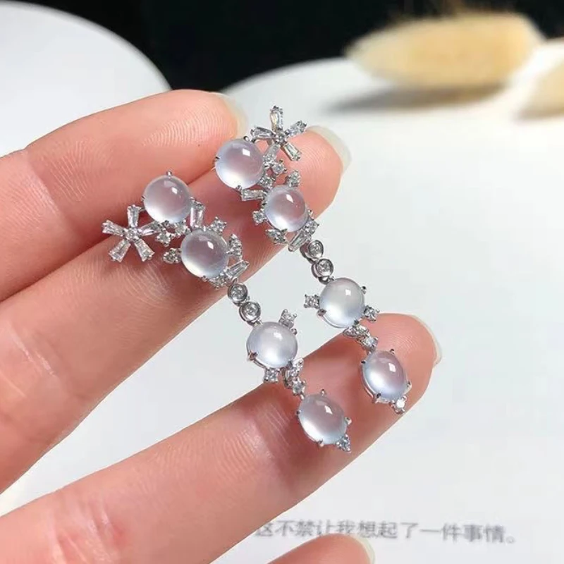 Creative Snowflake Natural Ice seed Jade Marrow Earrings for Women Long Round Light Luxury white Earrings Engagement Jewelry