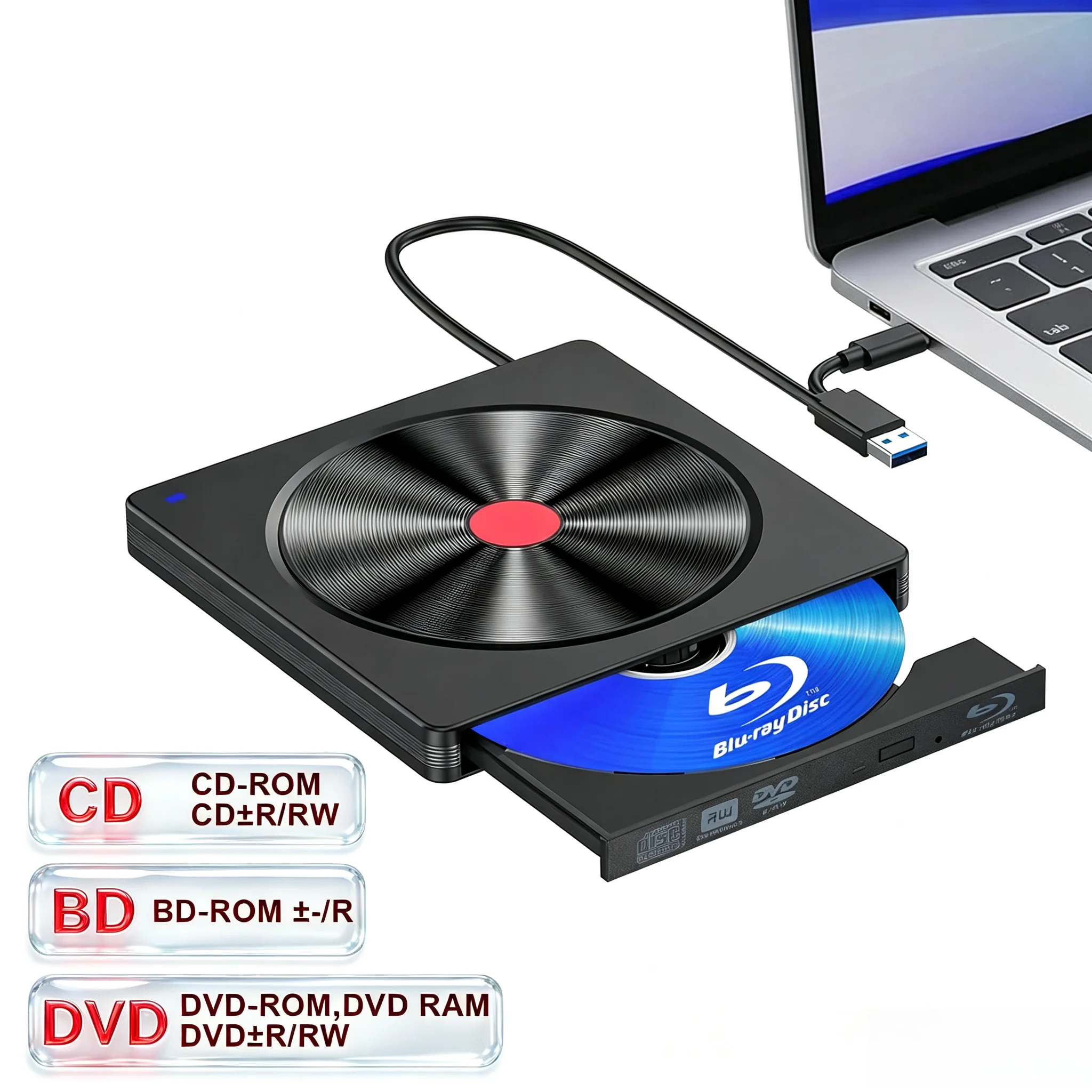 External Blu-ray Drive, Type-C & USB 3.0 BD Reader, DVD/CD Burner – Portable Blu-ray Player for Laptop PC, Windows/Linux/Mac OS