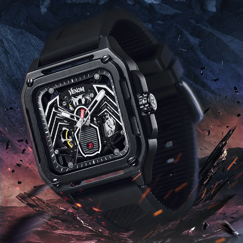 Marvel Venom The Avengers For Mens Watch Self Automatic Mechanical Wristwatch Rectangle 3D Dial Silicone Strap Relogio Masculino