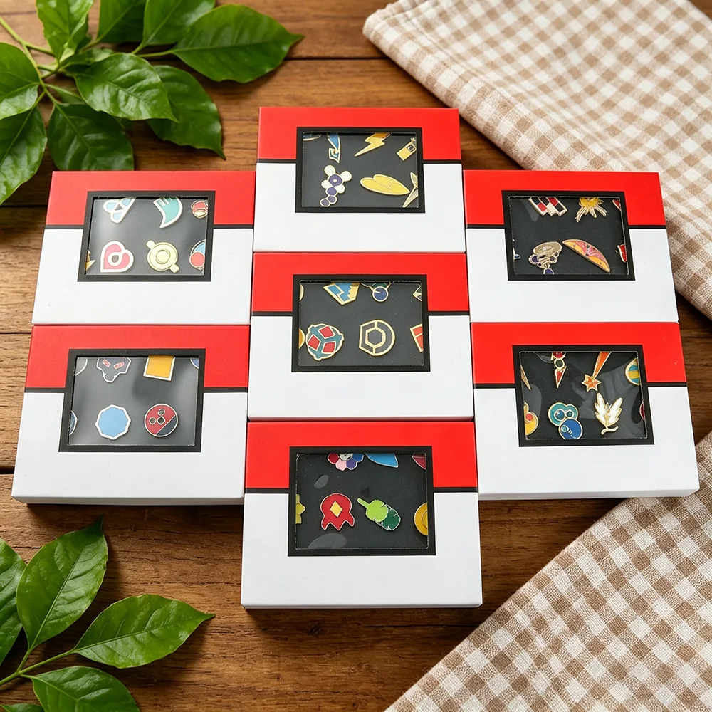 8 Pcs Gym Badges Enamel Pin Set with Gift Box, Cartoon Anime League Lapel Brooches, Collectible Badge Jewelry Gift for Fans