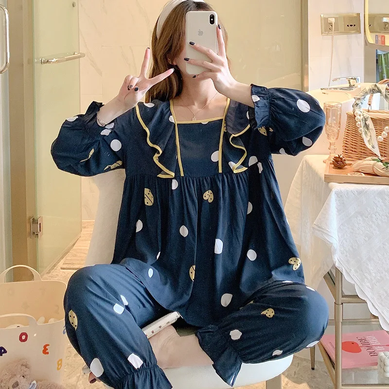 School Pajamas Set Cotton Silk Long Sleeves Fashion Nightdress Sleepwear Women Pijama