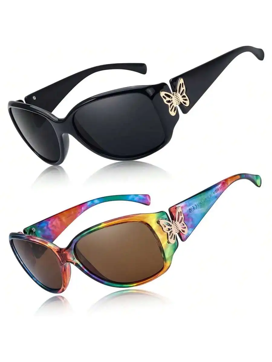 HYCHIC Polarized Sunglasses For Women 2026, Retro Shades With UV400 Protection Butterfly Decors (2 Pack)