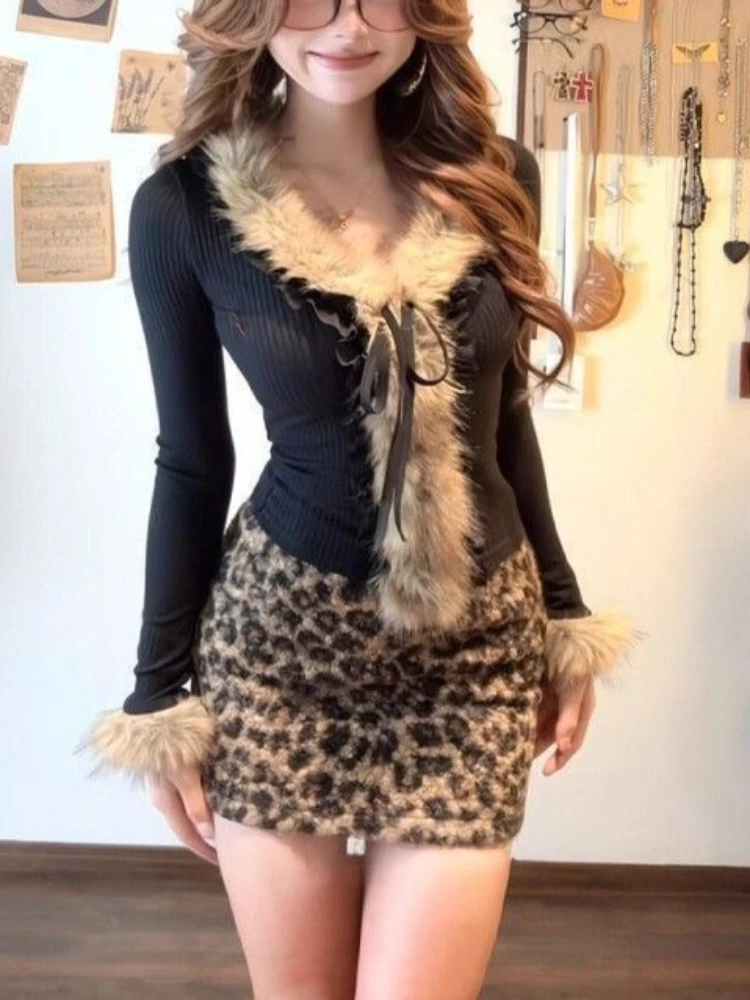 New American Retro Leopard 2 Piece Set Women Vintage Fur Design Y2k Slim Tops + Sexy Skirts Harajuku Fashion High Street Outfits