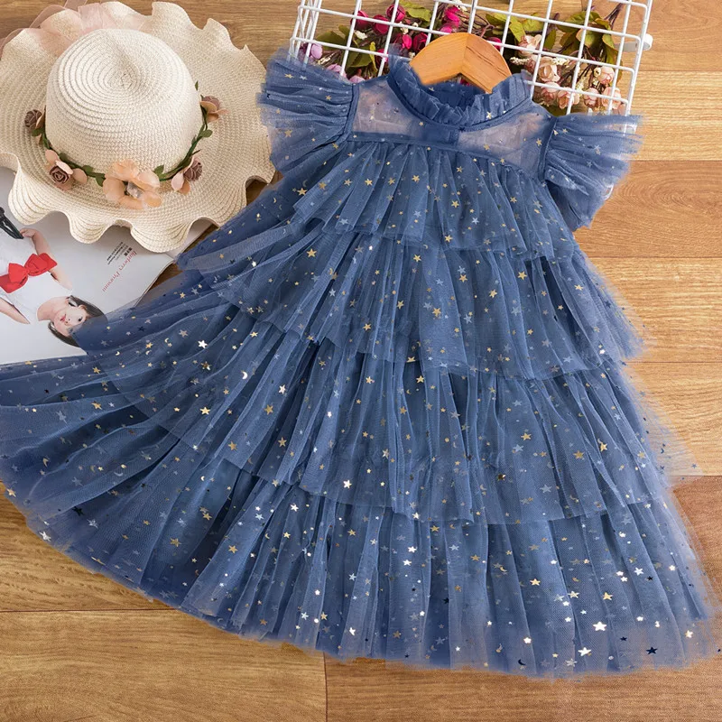 2024 New Summer Girl Suspender Princess Dress Ruffles Kids Sequin Tutu Birthday Party Vestidos for 3-8Y Elegant Girls Dresses