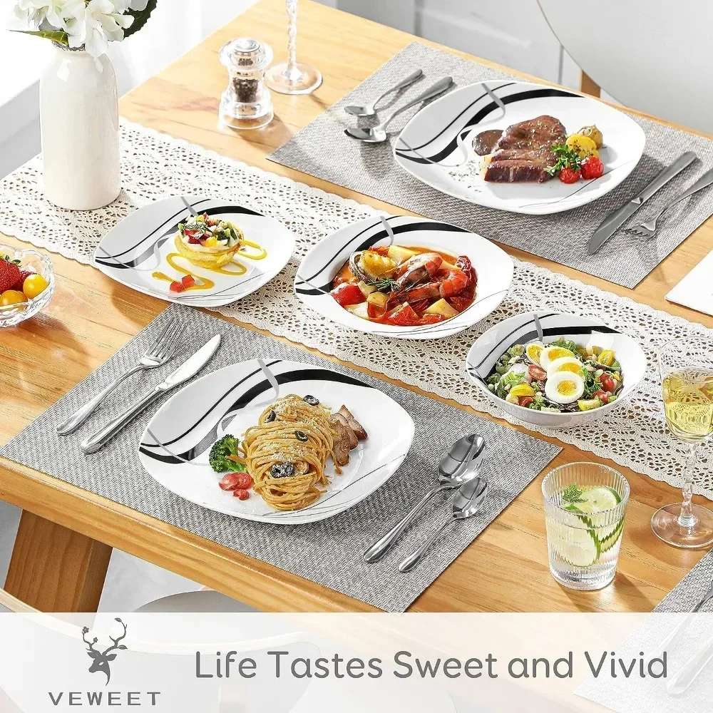 24-Piece White Dinnerware Sets for 6, Porcelain Plates and Bowls Sets including Bowls, Dinner Plates, Soup Plates, Dessert Plate