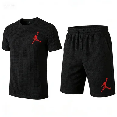 Conjunto de 2 piezas con logotipo Jordan Jumpman para hombre, camiseta de punto tipo gofre + pantalones cortos, conjunto deportivo informal de verano, ropa deportiva blanca para hombre