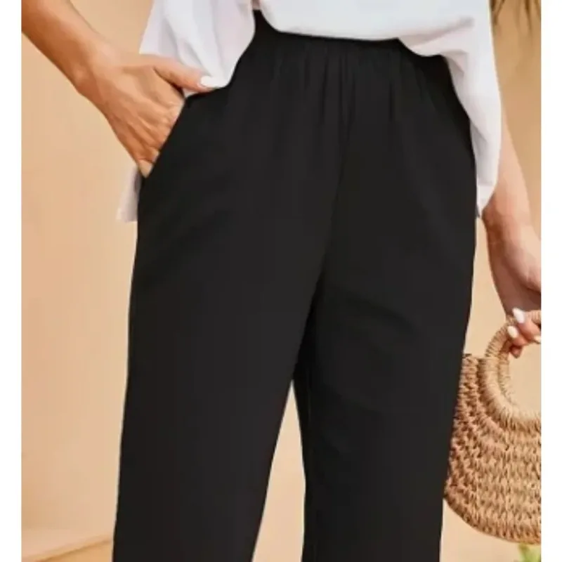 حجم كبير 1XL-5XL جديد إمرأة موضة المنسوجة النسيج مع جيوب عادية مستقيم الساق السراويل للنساء عادية بلون السراويل
