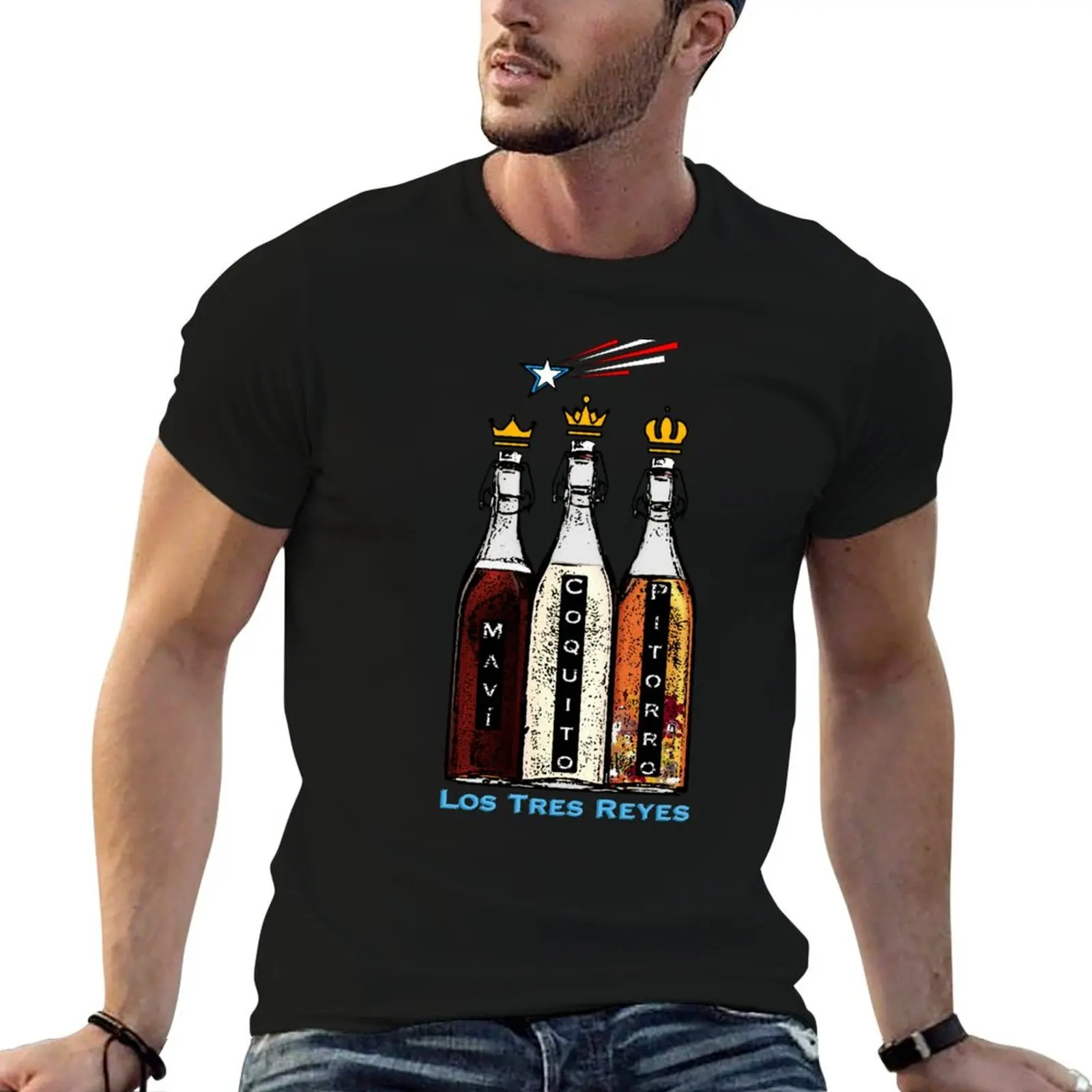 Los Tres Reyes Puerto Rico Mavi, Coquito, Pitorro, Boricua Traditional Drinks T-Shirt Casual Trendy Short Sleeve T-Shirt