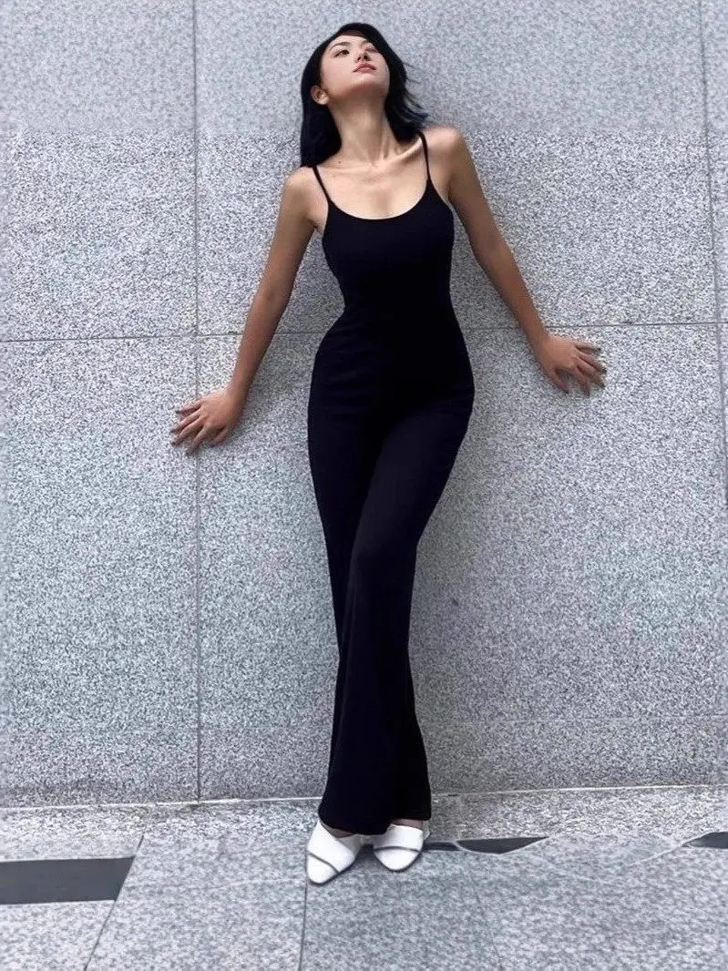 

Faionable Bal Slim Fit Jumpsuit Women's Ensemble Sexy Sle Long Svel Vest Top Thiened Tee-acetate Fiber