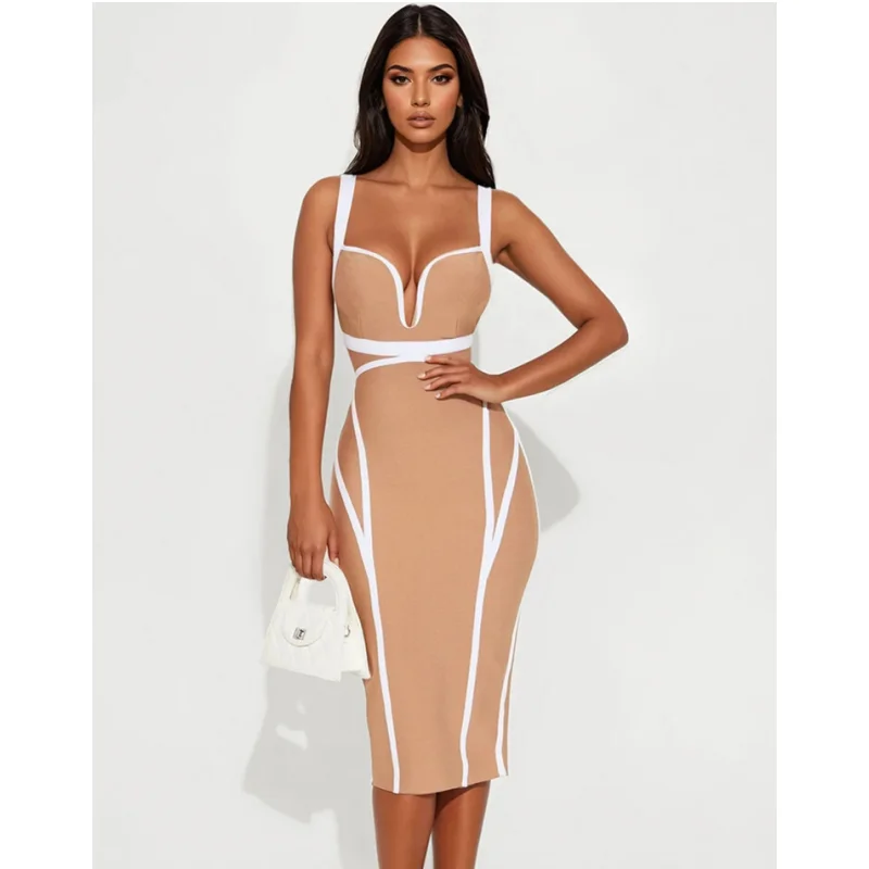 

Fashionable White Line Design Deep V-Neck Tuck Wasit Apricot Color Bandage Dress Elegant Woman Party Dress Cocktail Party Outfit