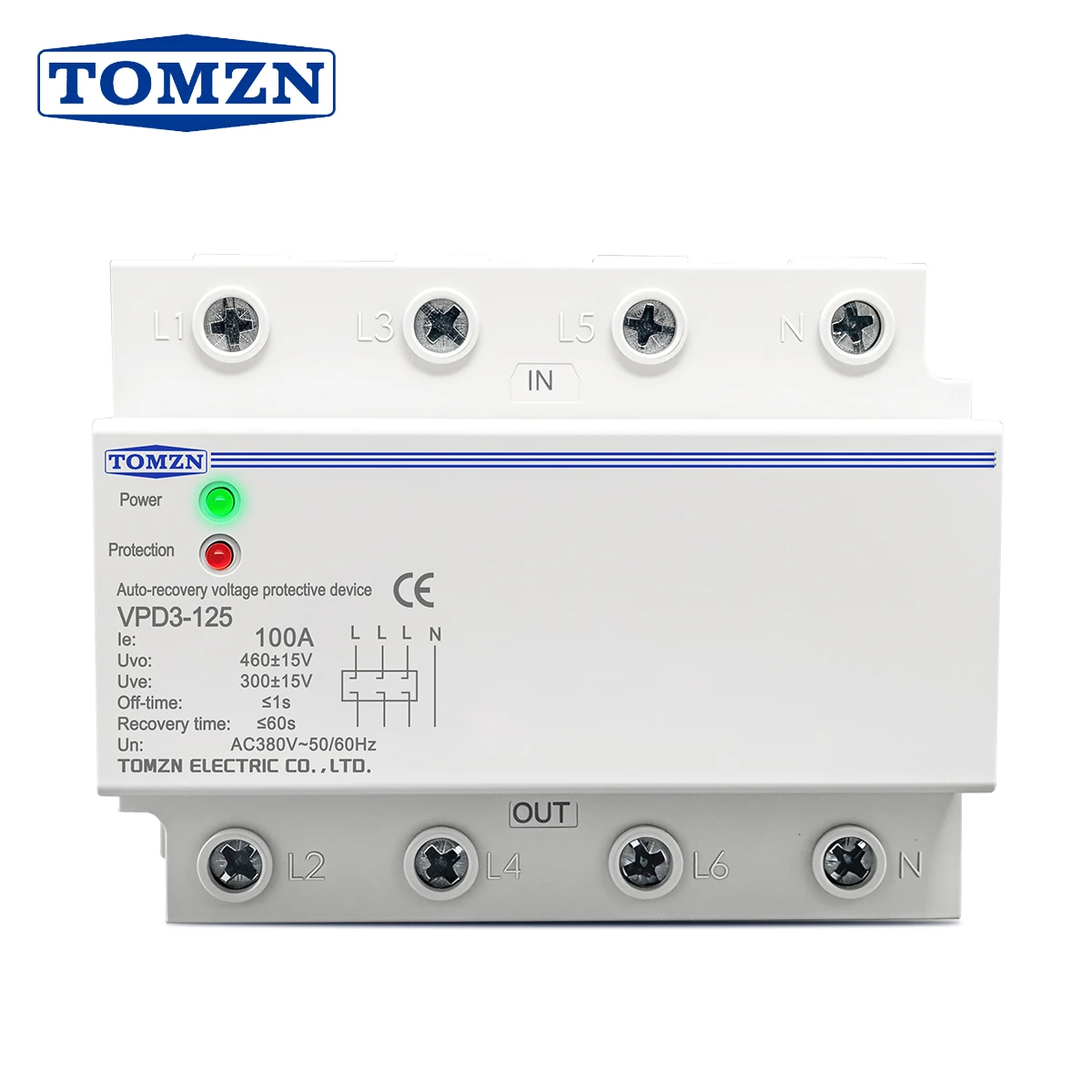 

TOMZN 100A 380V AC Трехфазное четырехпроводное реле защиты от перенапряжения и пониженного напряжения на DIN-рейку с автоматическим восстановлением, 2 светодиода