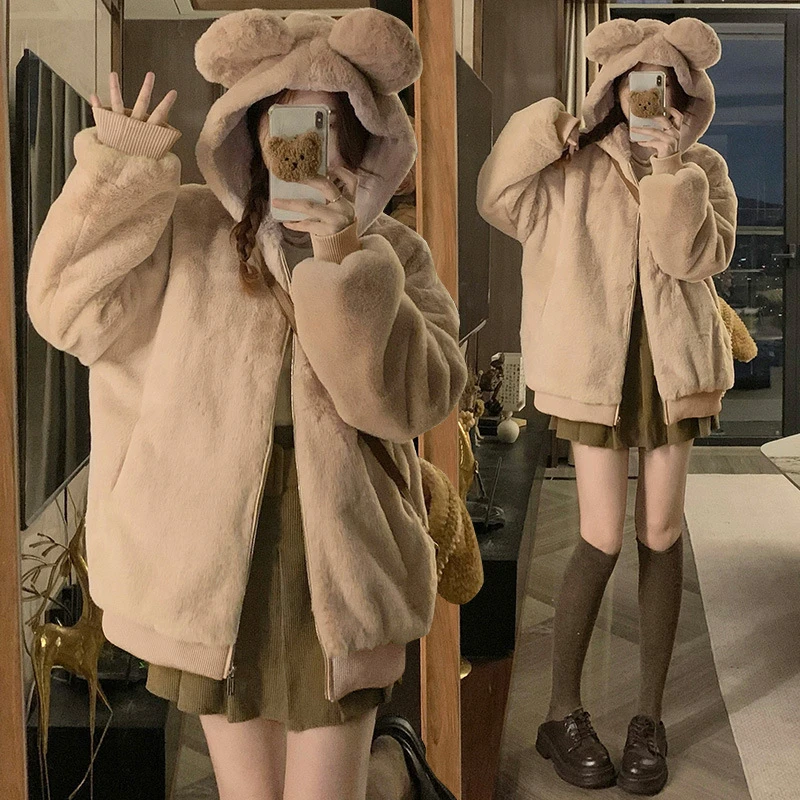 New Lamb Wool Plush Sweatshirt Coat Women's Winter Cute Bear Ears Hooded Rex Rabbit Wool Thickened Solid Color Cotton Coat