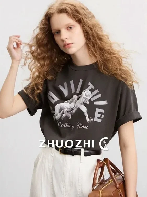 

Gray Art Print T-Shirt round Neck Short Sleeve Overhead Fashionable Summer New Arrival Zhezi French Style Loose Fit Creative ...