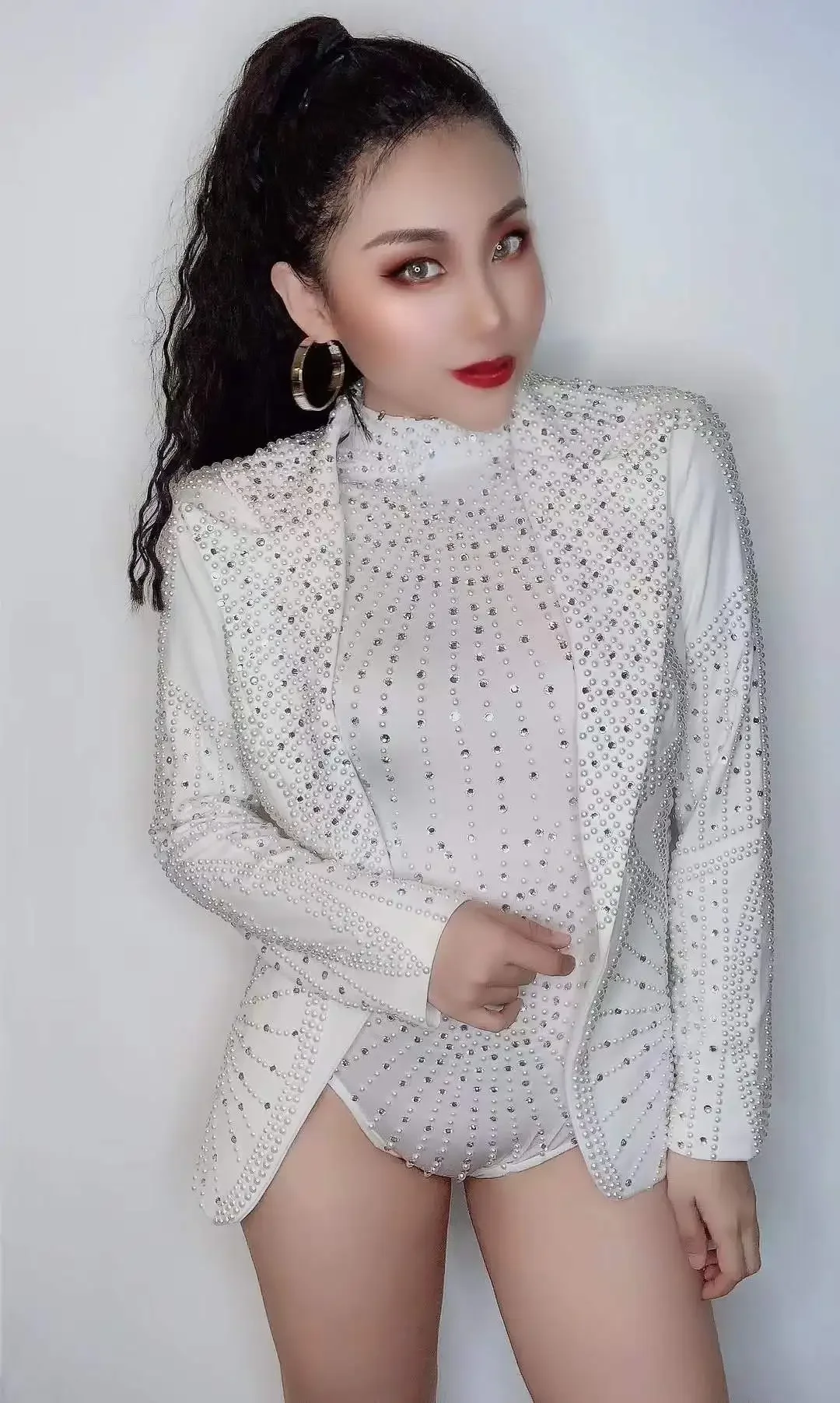 Sparkly White Rhinestone Women Bodysuits Blazer Design Birthday Party Carnival Rave Festival Wedding Singer Drag Queen Outfit