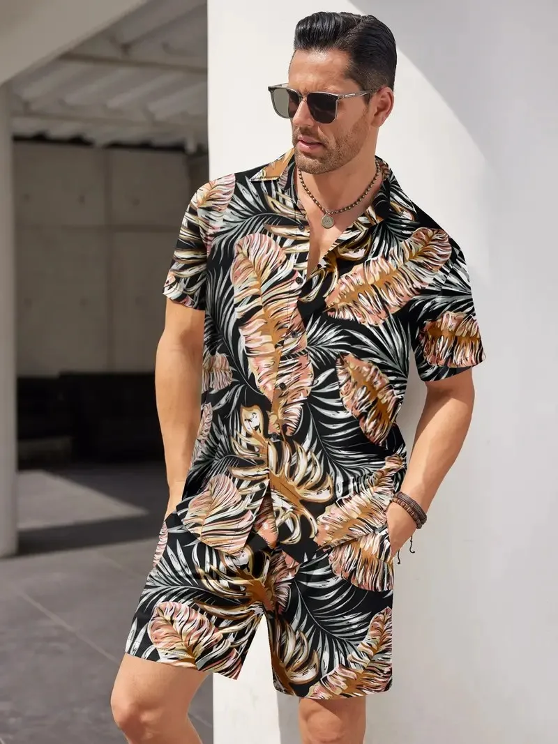 

Мужской комплект рубашки с 3D-принтом, повседневные пляжные шорты с тропическими растениями, Гавайские костюмы, модная рубашка с коротким рукавом, уличная одежда