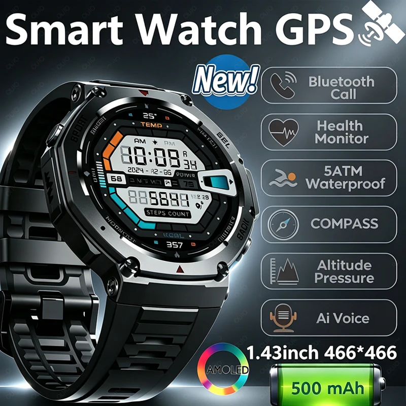 

New Military GPS Waterproof Smart Watch Built-in 6 Frequency Satellite 1.43" HD AMOLED Outdoors Sports Fitness Smart Watch Men