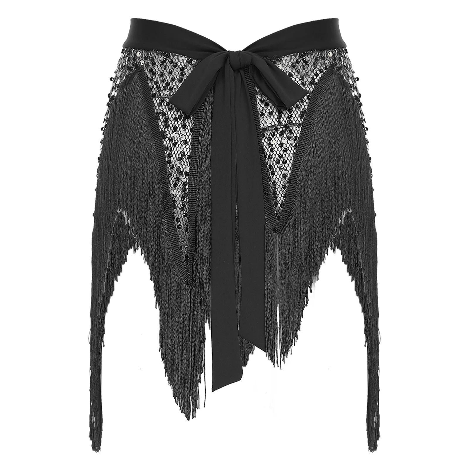 

Womens Belly Dance Hip Scarf Glitter Sequined Fish Net Mesh Irregular Hem Swing Tassel Trim Lace-up Waist Skirt Belly Dancewear