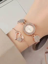 A Rose Gold Stylish Woman With Rhinestone Quartz Bracelet Watch And A Love Bracelet Accessory. Can Be used In Daily Life