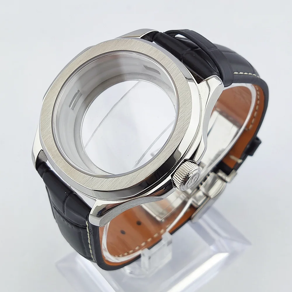 Custodia NH35 custodia impermeabile in vetro zaffiro cinturino in pelle adatta per cassa dell'orologio da 28,5 mm cassa dell'orologio da uomo da 44 mm cassa dell'orologio NH35