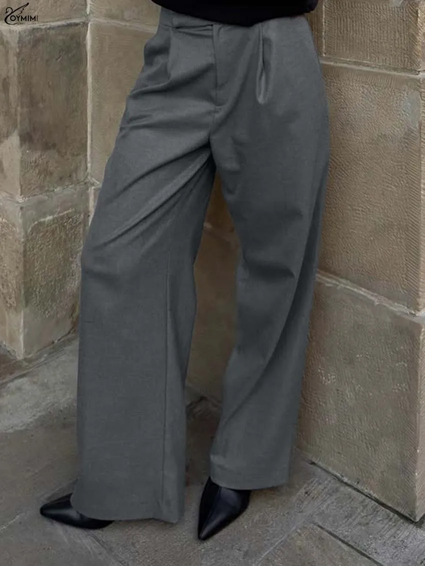 

Oymimi Elegant Grey Slim Women's Pants Casual New High Waisted Zipper Button Trousers Fashion Pockets Straight Full Length Pants