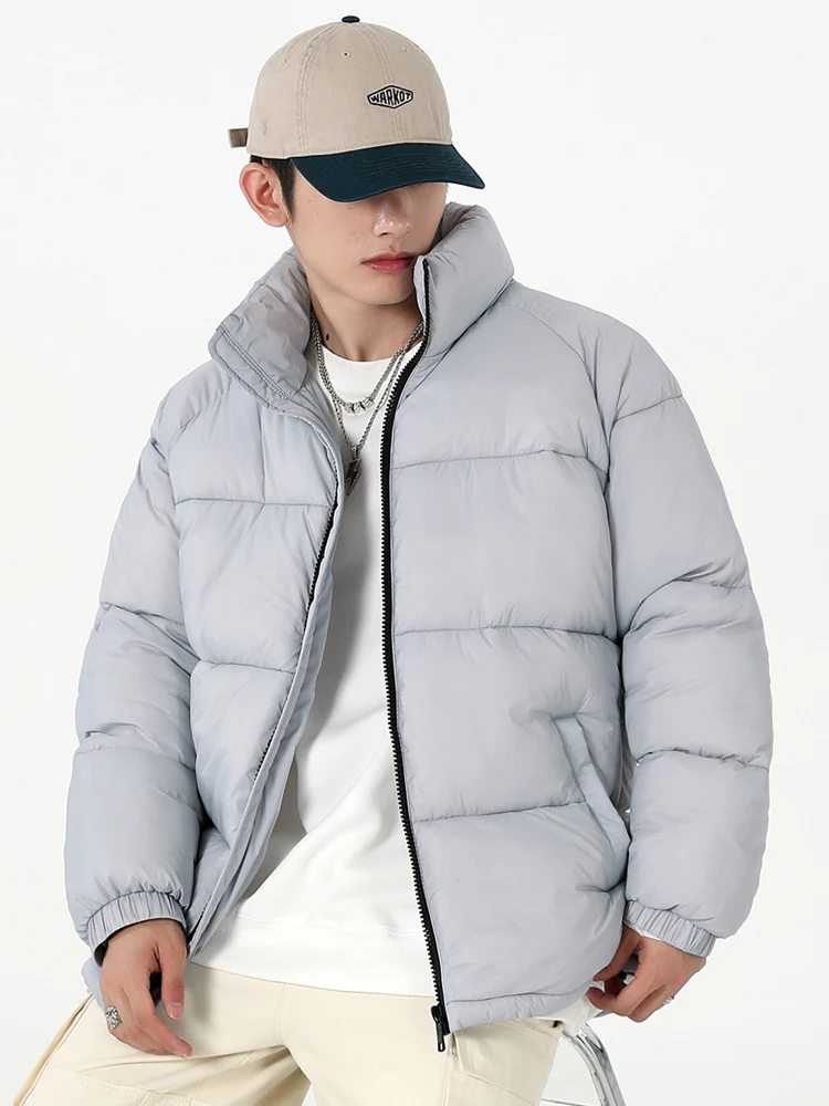 Jaqueta puffer grossa e quente masculina, corta-vento casual, parka monocromática, casaco acolchoado térmico, gola de gola, moda coreana, inverno