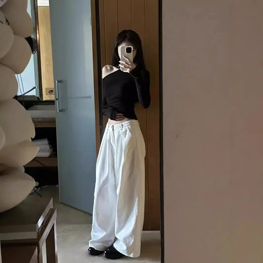 1 szt. Wiosna jesień moda skośny kołnierzyk Off-shoulder t-shirty z długimi rękawami damskie nowe solidne Slim Fit seksowne koszulki koszule studenckie topy