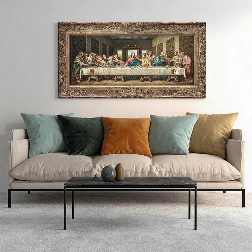 

Large-sized solid wood frame canvas painting 1pc The Last Supper, masterpiece.