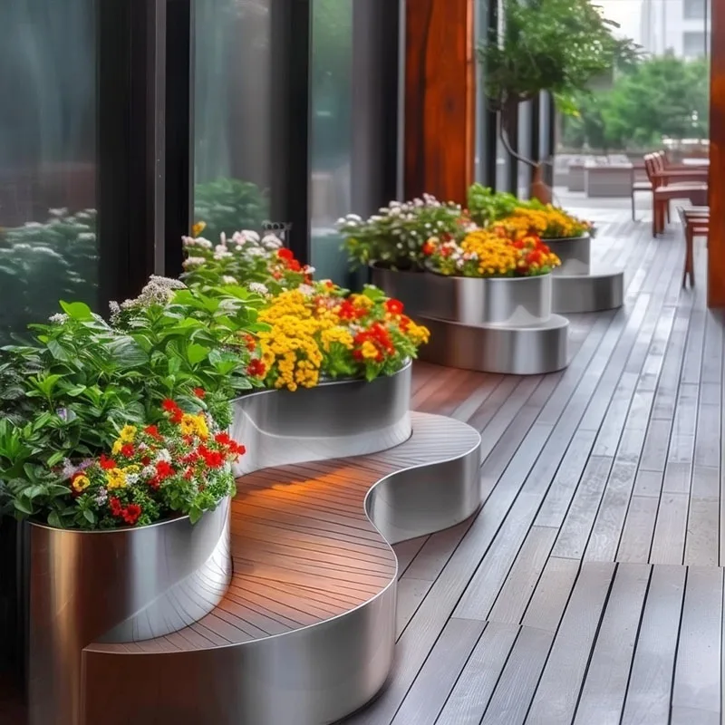 Custom Outdoor Stainless Steel Planter Box with Bench, Rectangular Flower Pot for Terrace Balcony Garden