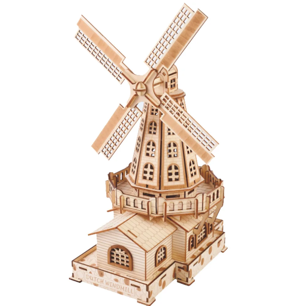 Simple Home Bedroom Office Building Windmill House Wooden Puzzle Toy 3D Assembly Model Woman Man Children