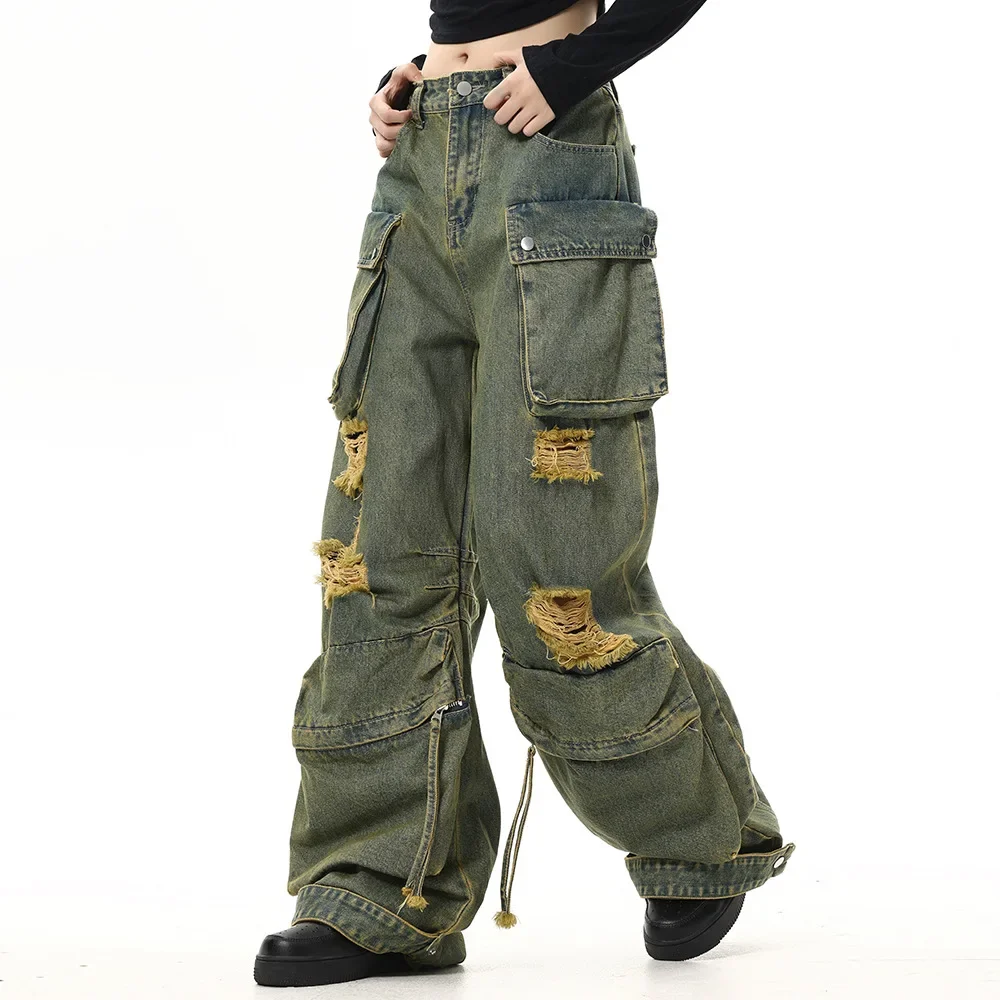 Men's Waste-land Style Washed and Distressed Ripped Work Jeans, Loose, Wide-leg, Straight-leg and Floor-dragging Long Pants.