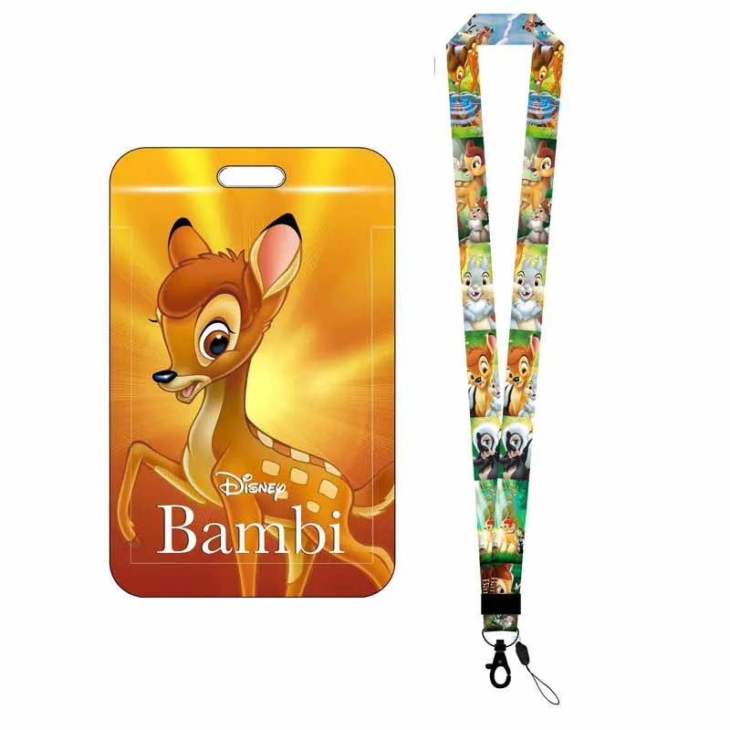 Disney Bambi Girls Boys Badge Holder Slide Cover Student Card Case Hanging Rope Employee Case Lanyard ID Name Card Holder