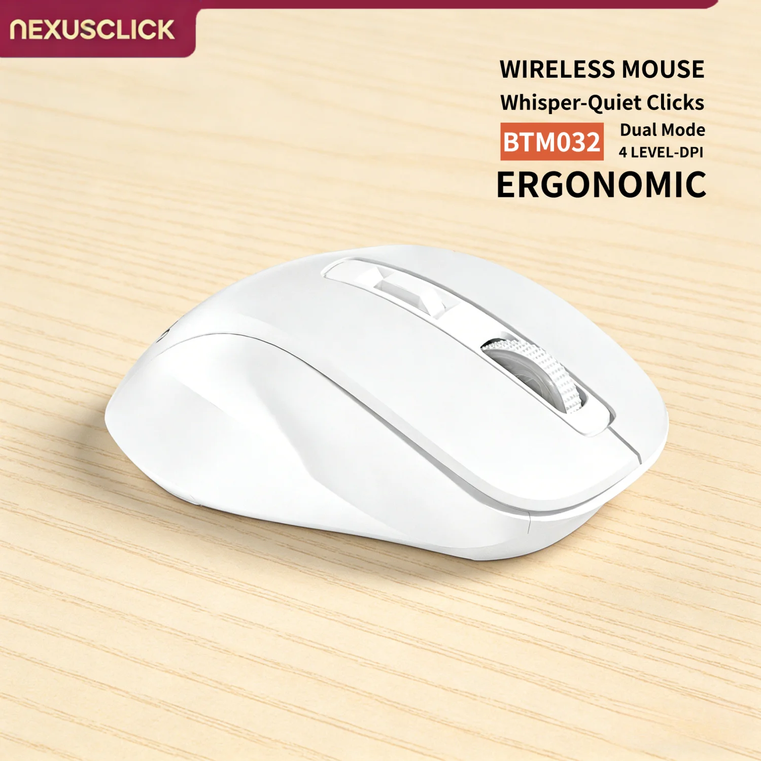 NexusClick Quiet Click Wireless Ergonomic Mouse, Dual Mode 2.4G/BT, 4 Adjustable DPI, Long Battery Life, for Home Dorm Laptop PC