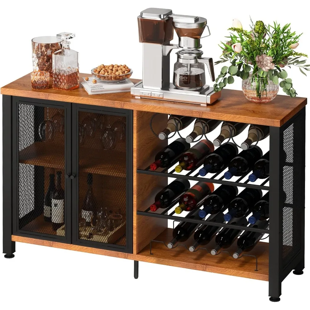 

Industrial Bar Cabinet, Wine Table for Liquor with Glass Holder, Wine Rack and Metal Sideboard, Farmhouse Wood Coffee Bar for L