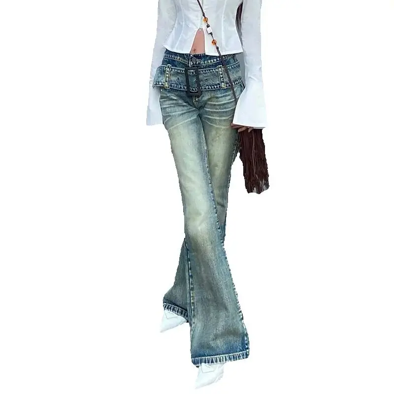 American Retro High Street Micro-Flare Jeans Women Autumn Winter New Style Maillard Wear High Waist Slim Pants