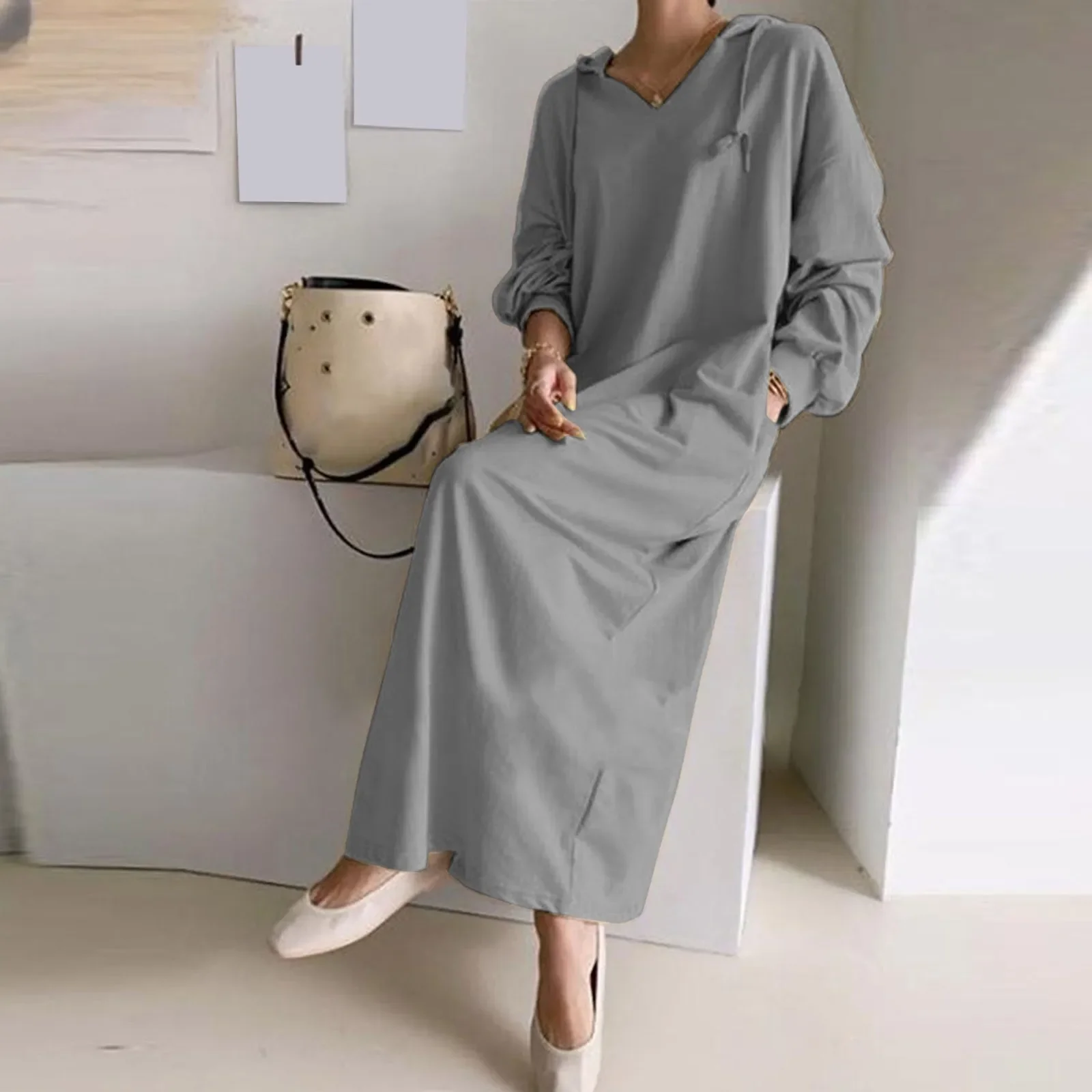 

Autumn 2023 Hooded Midi Dress Solid Long Sleeve Casual Loose Plus Size Casual Dresses 2023 Fashion Elegant Women Clothing Robe