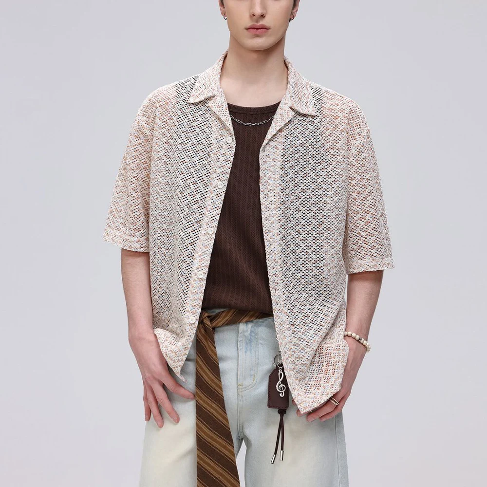 Summer Streetwear Hollow Knitted Shirt Men Vintage Fashion Loose Casual Short Sleeve Beach Cardigan Shirts Vacation Blouses Tops