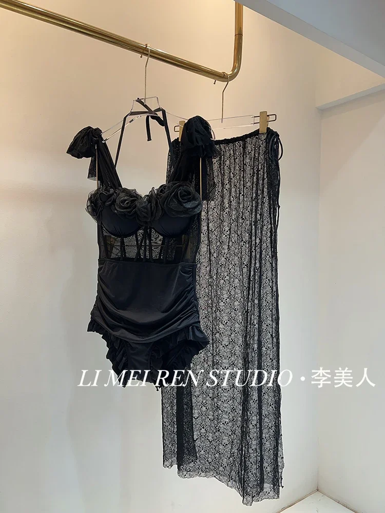 New Heavy Industry 3D Flower Black Lace Mesh Skirt style one-piece swimsuit