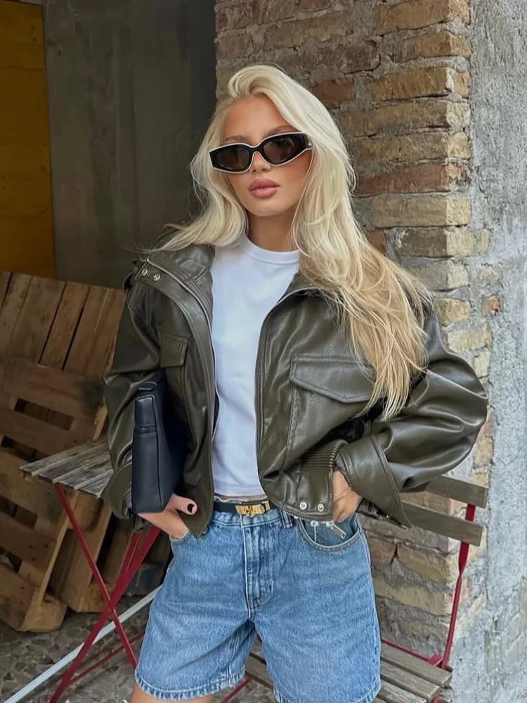 Giacca da donna allentata in pelle Pu da strada Moda tinta unita manica lunga colletto alla coreana cappotti monopetto cappotto da donna autunnale 2025
