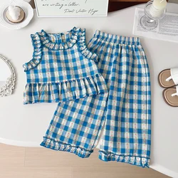 Summer Girls' Suits Fashion Floral Plaid Round Neck Tank Top+Wide Leg Pants Children's Clothing Two-piece Set