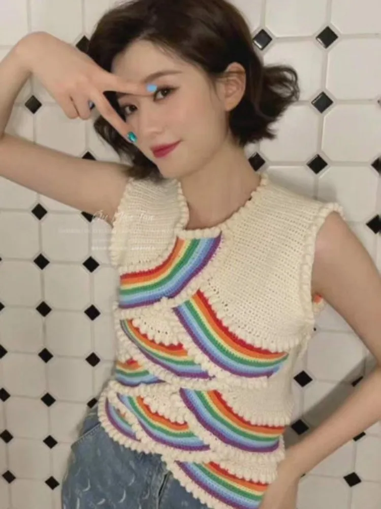 Hikigawa Casual Contrast Color Rainbow Striped Women Sweaters O Neck Sleeveless Pullovers Knitted Vest All Match Jumpers Women