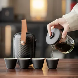 Portable Tea Sets Household Black Pottery Tea Cups Outdoor Camping One Pot Four Cups Travel Tea Set Kung Fu Tea Set